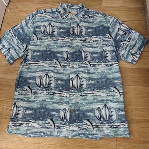 JOE MARLIN watercolor sail boat fish print Button Down Hawaiian shirt